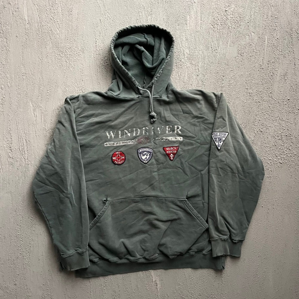 Vintage Patch Graphic Hoodie Mens Large Green 90s Wind River Outfitting Co